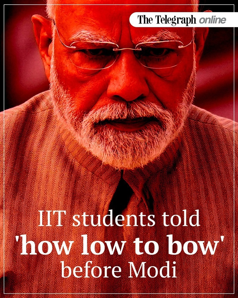 Close-up of Narendra Modi wearing glasses; red-tinted image with the headline 'IIT students told how low to bow before Modi'.
