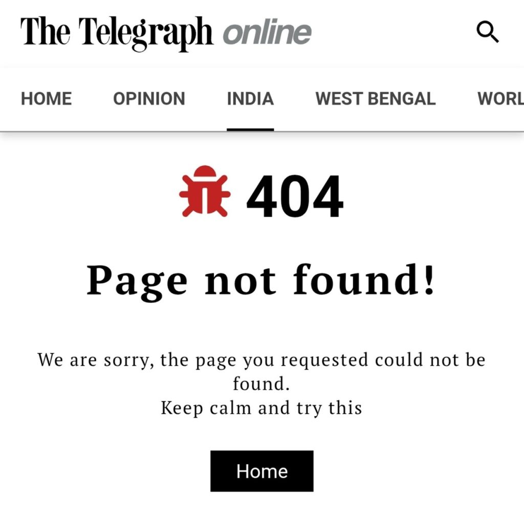 iit telegraph | No. 1 Indian Media News Portal The Telegraph Online 404 page showing 'Page not found!' with a 'Home' button below.