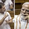 Two Indian politicians in white shirts: left figure gesturing with finger raised, right figure resting chin on his hand and looking pensive in a parliamentary setting