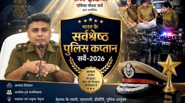 Poster announcing 'Bharat ke Sarvashreshth Police Captain 2026' featuring a police officer speaking, a golden shield emblem, caps and a star trophy with action photos in the background.