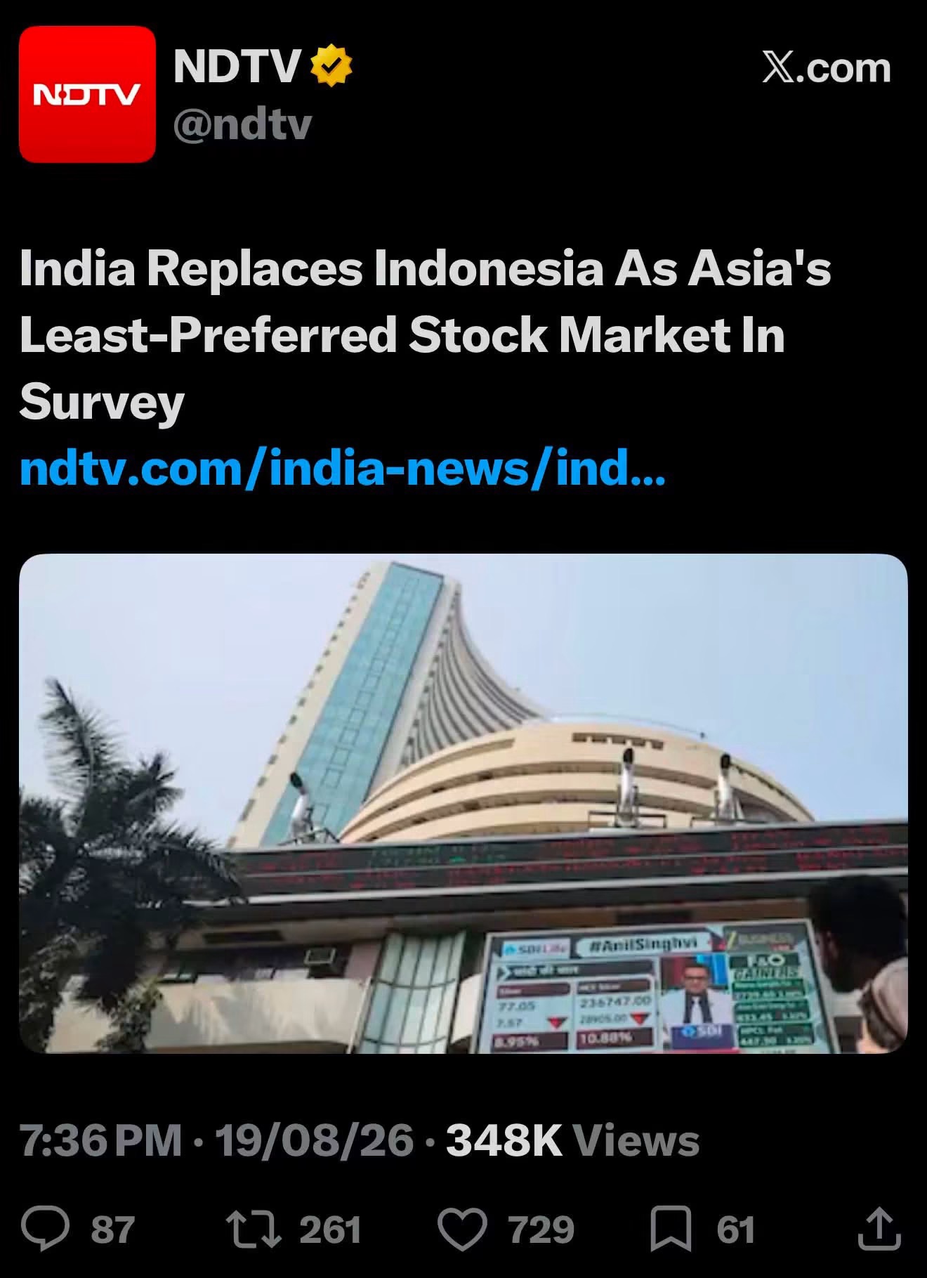 NDTV news banner with the headline 'India Replaces Indonesia As Asia's Least-Preferred Stock Market In Survey' and a photo of a modern building.