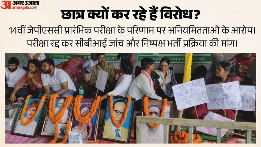 Students protest at a rally with garlanded framed portraits laid on a table and supporters holding Hindi protest signs in the background.