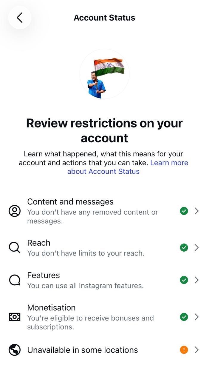 Account Status screen showing an avatar with the Indian flag, and a list of status items: Content and messages, Reach, Features, Monetisation, Unavailable in some locations, each with a green check or warning icon.