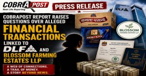 News collage announcing alleged financial transactions linked to DLF and Blossom Farming Estates, with cash, documents and buildings nearby.