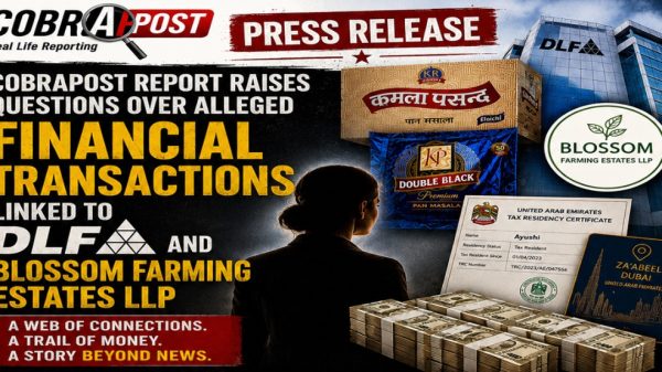 News collage announcing alleged financial transactions linked to DLF and Blossom Farming Estates, with cash, documents and buildings nearby.