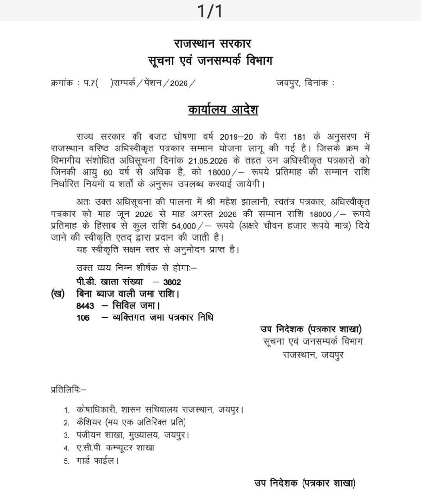 राजस्थान सरकार सूचना एवं जनसंपर्क विभाग का कार्यालय आदेश (कायालय आदेश)—बजट 2019–20 के अनुसार वेतन/मानदेय और 18,000 रुपये के भुगतान का उल्लेख