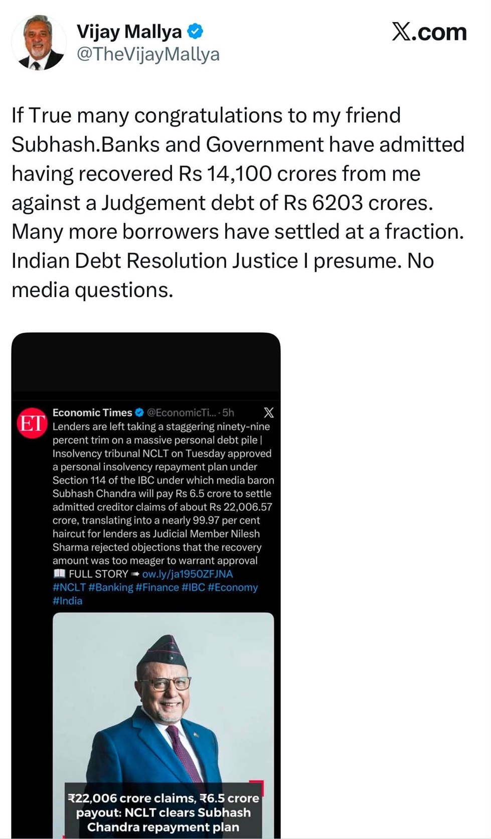 Screenshot of Vijay Mallya tweet claiming Subhash Banks recovered Rs 14,100 crore from him; mentions Indian Debt Resolution Justice and no media questions (includes ET image about Rs 22,006 crore claims).