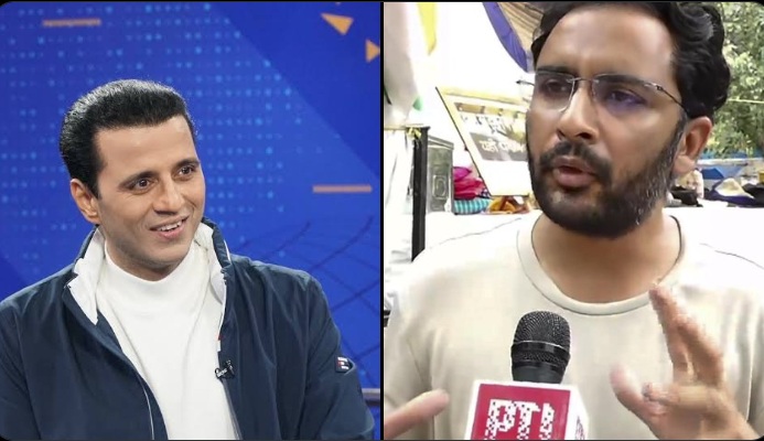 Split-screen: left features a TV host in a studio smiling, right shows an outdoor interviewee speaking into a microphone.