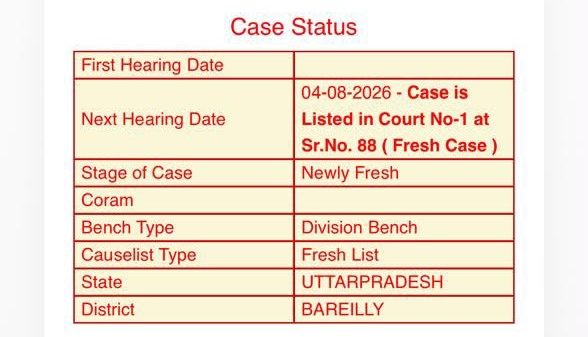 Case Status page for WRIT - C (WRIC) showing filing number CIVIL12/172853/2026, CNR UPHC05408655026, next hearing and district Bareilly, Uttar Pradesh, with petitioners and advocates listed on the page