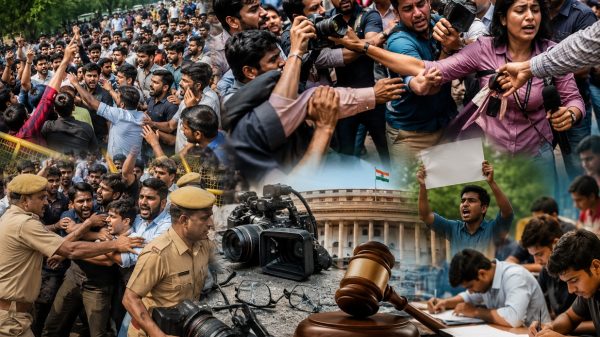 Collage of protests with crowds clashing with police, journalists filming, a student holding a blank sign, and symbols of government and judiciary in the background.