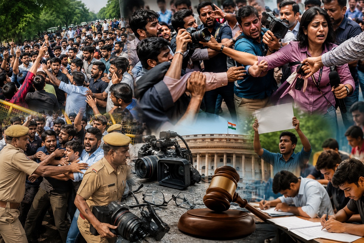 Collage of protests with crowds clashing with police, journalists filming, a student holding a blank sign, and symbols of government and judiciary in the background.