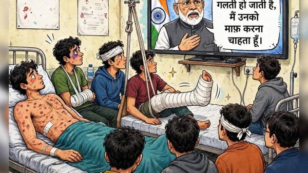 Hospital ward with several injured young men watching a TV feature of the Prime Minister; a speech bubble reads in Hindi about forgiving children's mistakes.