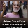 Person wearing a Narendra Modi mask and pink shirt, making a peace sign with fingers; image accompanies a headline about poverty in India.