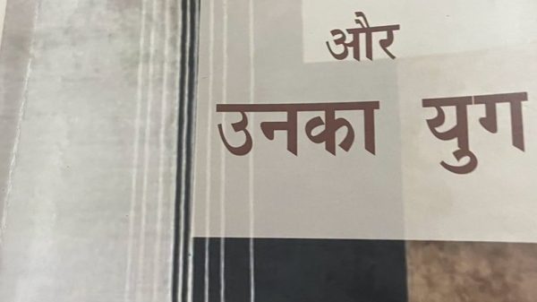 Hindi-language book cover with bold Devanagari title and a smaller subtitle; abstract grayscale background with vertical lines and geometric blocks.