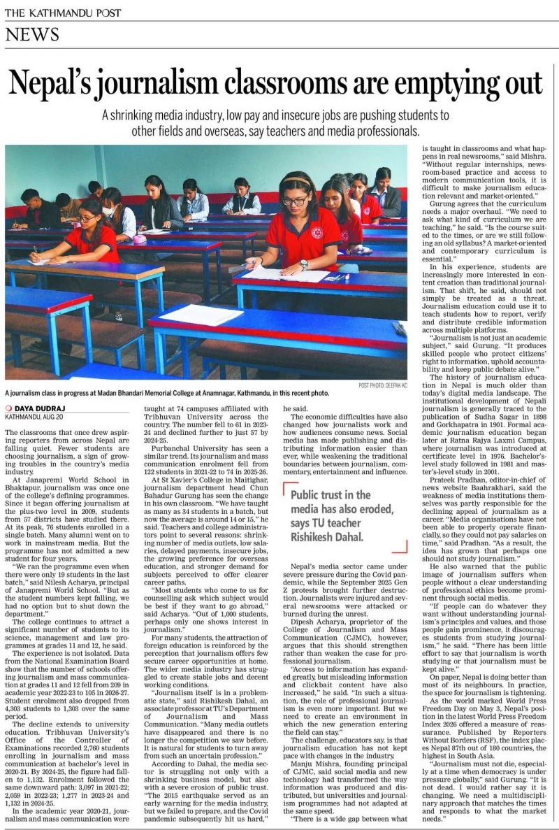 Front page of The Kathmandu Post with the headline 'Nepal's journalism classrooms are emptying out' and a photo of students in red shirts seated at blue desks in a classroom.