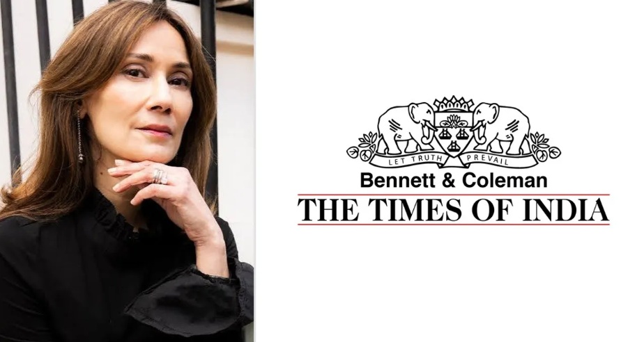 Head-and-shoulders portrait of a woman in a black blouse beside The Times of India Bennett & Coleman emblem on a white background.