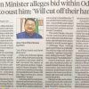 Newspaper article about Union Tribal Affairs Minister Jual Oram alleging Odisha BJP members plot to oust him; photo of Oram in the center.
