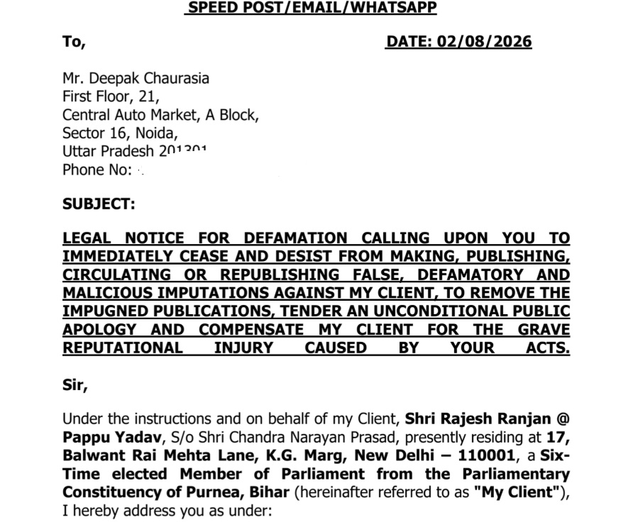 pappu yadav notice | No. 1 Indian Media News Portal Formal legal notice letter demanding defamation cessation, dated 02/08/2026, addressed to Mr. Deepak Chaurasia.