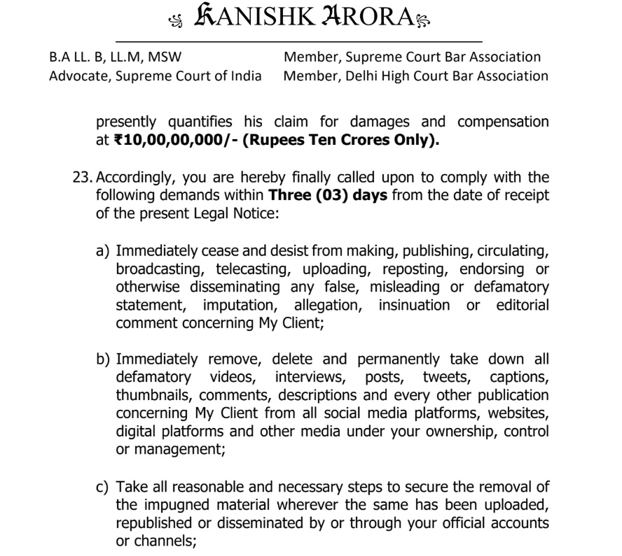 pappu yadav notice_1 | No. 1 Indian Media News Portal Legal notice page from advocate Hanishk Arora outlining demands to cease publication and remove content within three days.