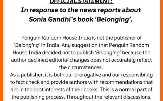 Official statement from Penguin Random House India about Sonia Gandhi's book Belonging, stating they did not publish it.