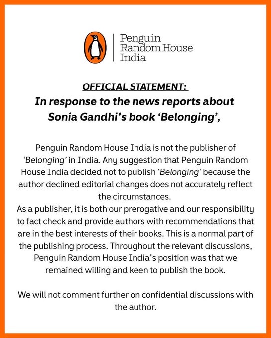 Official statement from Penguin Random House India about Sonia Gandhi's book Belonging, stating they did not publish it.
