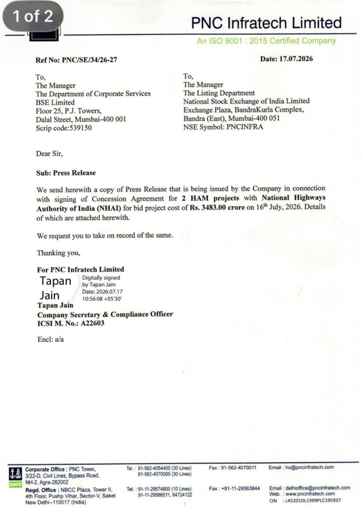 pnc | No. 1 Indian Media News Portal Formally styled PNC Infratech Limited letterhead announcing a press release about 2 HAM projects with NHAI, dated 17.07.2026.