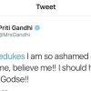 Screenshot of a Twitter post: profile picture of a smiling woman, blue verified badge, text reads "@jungledukes I am so ashamed of my last name, believe me!! I should have been a Godse!!"