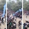 Triptych of a large street crowd with blue smoke flares during a protest or rally; people on foot and on motorcycles fill the road