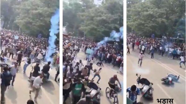 Triptych of a large street crowd with blue smoke flares during a protest or rally; people on foot and on motorcycles fill the road