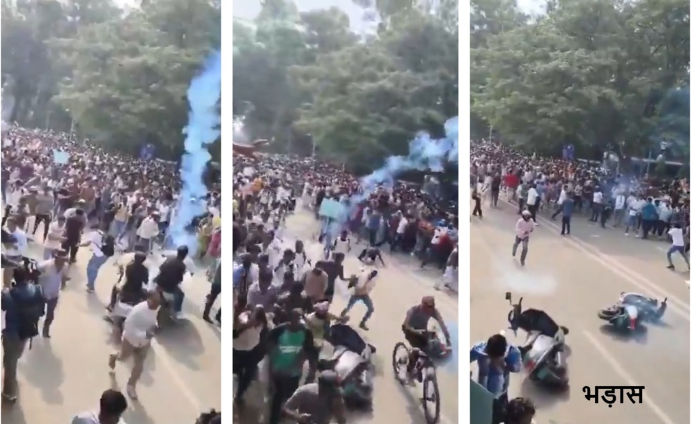 Triptych of a large street crowd with blue smoke flares during a protest or rally; people on foot and on motorcycles fill the road