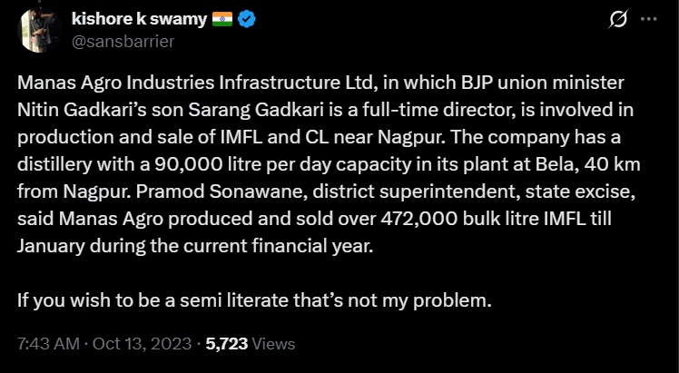 Tweet by Kishore K Swamy about Manas Agro Industries: Sarang Gadkari (Nitin Gadkari’s son) as full-time director involved in IMFL and CL production near Nagpur; Bela plant with 90,000 L/day capacity.