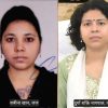Side-by-side portrait of two women with captions in Hindi beneath each image; left woman in black top, right woman in green traditional attire with white scarf.