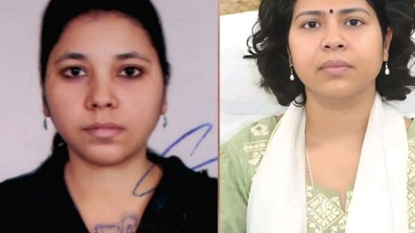 Side-by-side portrait of two women with captions in Hindi beneath each image; left woman in black top, right woman in green traditional attire with white scarf.