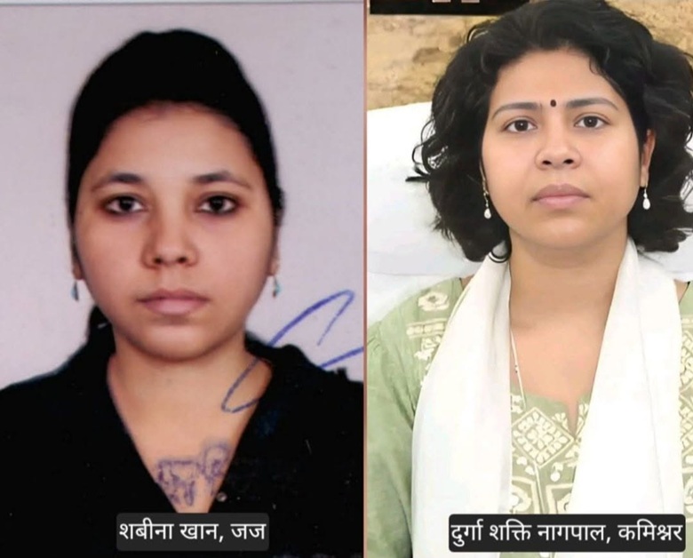 Side-by-side portrait of two women with captions in Hindi beneath each image; left woman in black top, right woman in green traditional attire with white scarf.