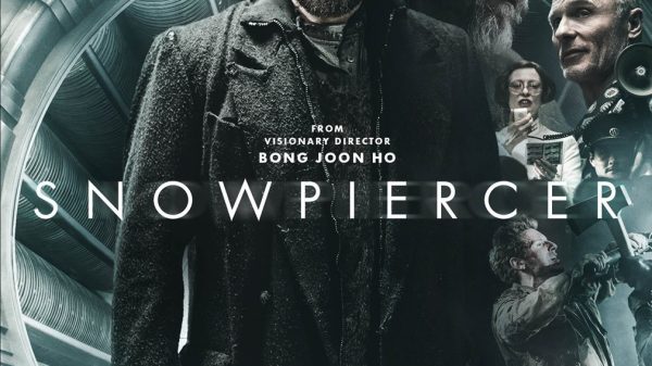 Snowpiercer poster: a rugged man with an axe stands in a frosty, metallic train interior, surrounded by other passengers; title 'Snowpiercer' and the tagline 'Fight Your Way to the Front' visible.