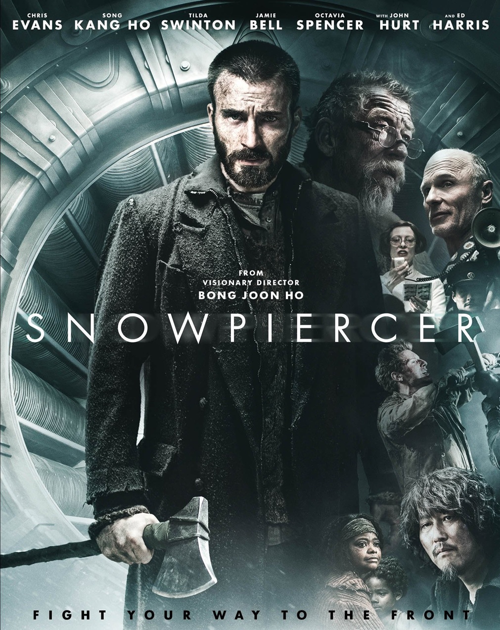 Snowpiercer poster: a rugged man with an axe stands in a frosty, metallic train interior, surrounded by other passengers; title 'Snowpiercer' and the tagline 'Fight Your Way to the Front' visible.