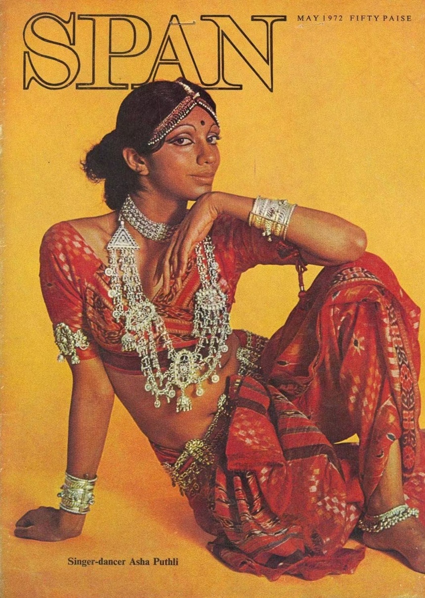 Span magazine cover (May 1972) showing singer-dancer Asha Puthli in a red sari with heavy silver jewelry against a yellow background, gazing to the side.