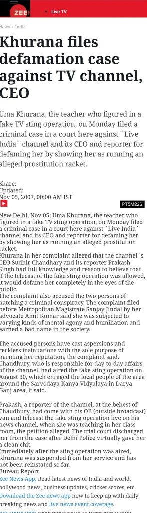 sudhir sting | No. 1 Indian Media News Portal Web news article screenshot with a large headline: 'Khurana files defamation case against TV channel, CEO' and article text below.