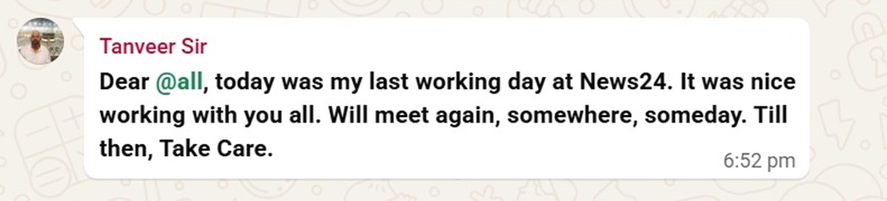 tanveer_ | No. 1 Indian Media News Portal WhatsApp chat bubble from Tanveer Sir with a farewell message to all at News24, timestamp 6:52 pm.