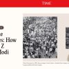 Time magazine article header showing a black-and-white protest crowd collage on a beige torn-paper backdrop, with a large headline about Gen Z in India and Modi to the left (captioned photo credits beneath).