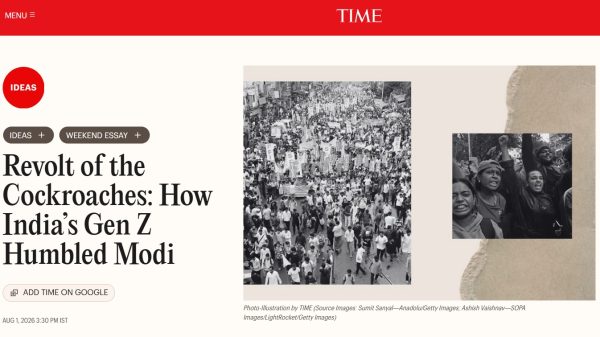 Time magazine article header showing a black-and-white protest crowd collage on a beige torn-paper backdrop, with a large headline about Gen Z in India and Modi to the left (captioned photo credits beneath).