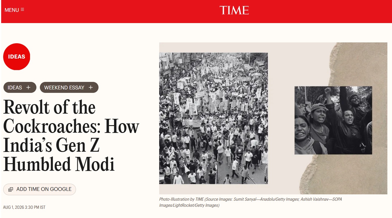 Time magazine article header showing a black-and-white protest crowd collage on a beige torn-paper backdrop, with a large headline about Gen Z in India and Modi to the left (captioned photo credits beneath).