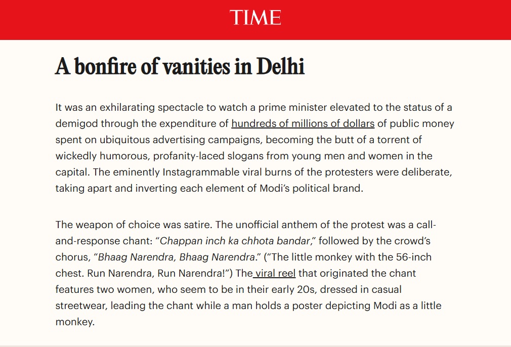 time | No. 1 Indian Media News Portal Time magazine article page with red header reading TIME and headline 'A bonfire of vanities in Delhi' on a beige background, with body text beneath.