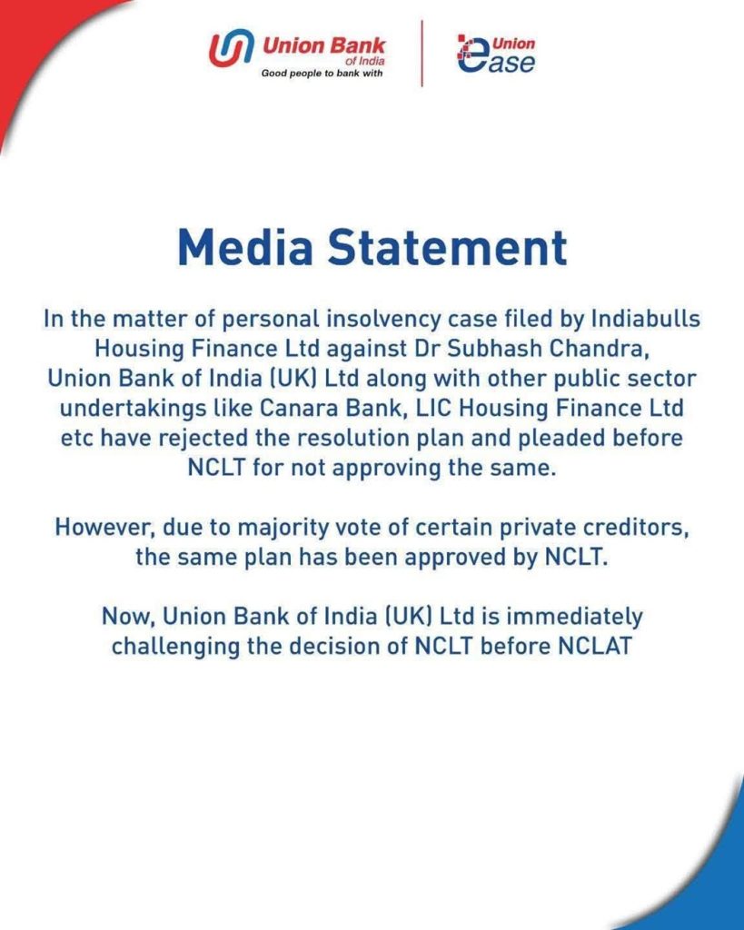 union bank | No. 1 Indian Media News Portal Media Statement with Union Bank of India (UK) and other logos; describes insolvency case against Dr Subhas Chandra and the rejection and later challenge of the resolution plan by NCLT.