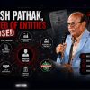 Promotional graphic about an investigation: 'Vagish Pathak, his web of entities exposed' with a man speaking into a microphone and a network diagram in the background.