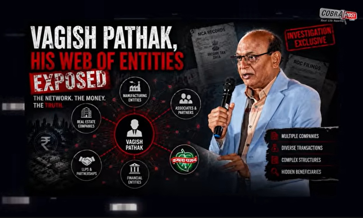 Promotional graphic about an investigation: 'Vagish Pathak, his web of entities exposed' with a man speaking into a microphone and a network diagram in the background.