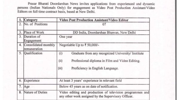 Official notice inviting applications for 7 Video Post Production Assistant/Video Editor positions at Prasar Bharati, New Delhi, on a contract basis (DD India). Includes terms, qualifications, and duties in a single-page document.