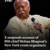 An older man with white hair and mustache sits on stage, holding a microphone, wearing a pale yellow shirt; a bold headline overlays the image about X suspending the RSS chief Mohan Bhagwat’s New York event organizers.