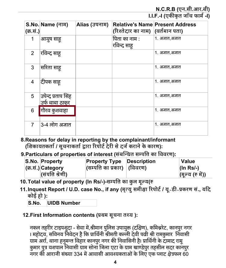 youtuber knp_2 | No. 1 Indian Media News Portal Table from a government form listing individuals: S.No., Name, Alias, Relative's Name, Present Address; six rows of Hindi names with addresses (page 4).