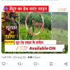News post screenshot about a leopard attack in Moradabad; Hindi headlines with a circled leopard image and an 'Available ON' banner, plus blue hashtags above.